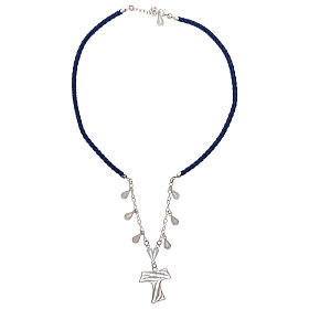 Blue artificial leather choker with tau cross, 925 silver filigree