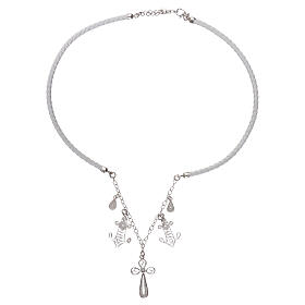 White artificial leather choker, filigree cross and anchors, 925 silver