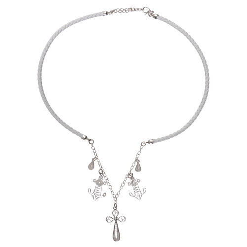 White artificial leather choker, filigree cross and anchors, 925 silver 2