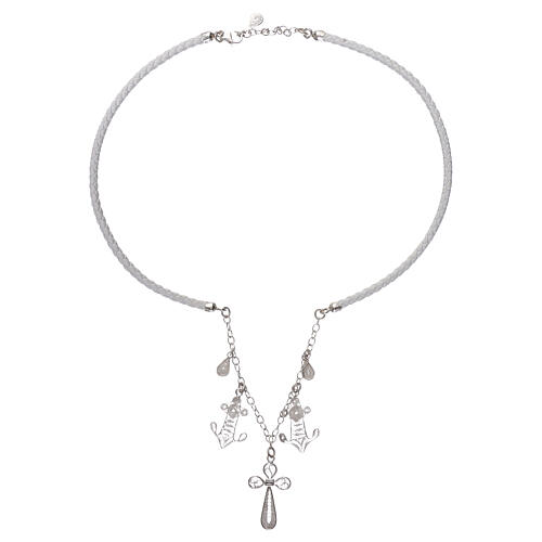 White artificial leather choker, filigree cross and anchors, 925 silver 3
