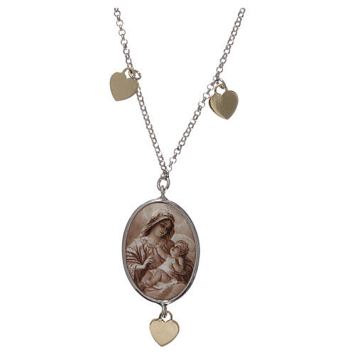 Necklace of 925 silver, Virgin with Child medal and hearts 1