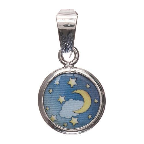 Médaille ronde porcelaine et argent 925 lune et étoiles 1 cm 1