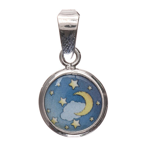 Medalha redonda porcelana prata 925 lua e estrelas 1 cm 1