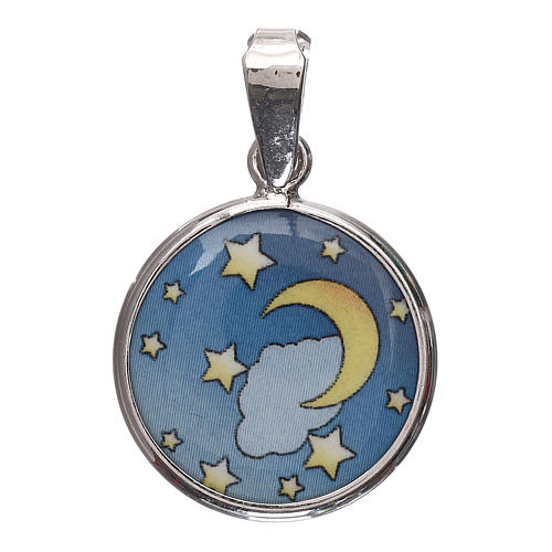 Médaille ronde porcelaine et argent 925 lune/étoiles 1,8 cm 1