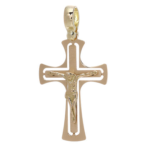 Cut-out cross with bell-mouthed arms and body of Christ, 18K gold, 3.4 g 1