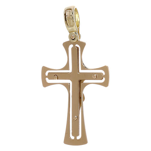 Cut-out cross with bell-mouthed arms and body of Christ, 18K gold, 3.4 g 2