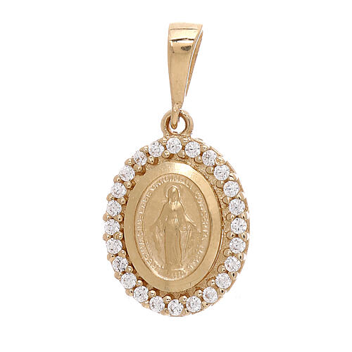 Pendente Madonna Miracolosa oro 18 kt strass bianchi 1,7 grammi 1