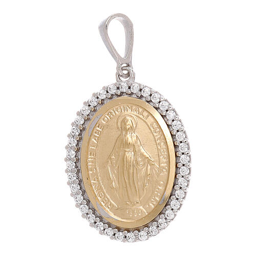 Miraculous Medal bicolor pendant 750/00 gold white crystals 3.35 gr 1