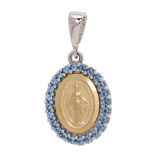Miraculous Medal pendant, bicolour 18K gold and light blue strass, 1.7 g 1