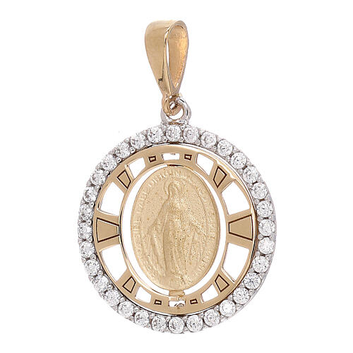 Round pendant Miraculous Medal 18-carat bicolor gold zircons 1