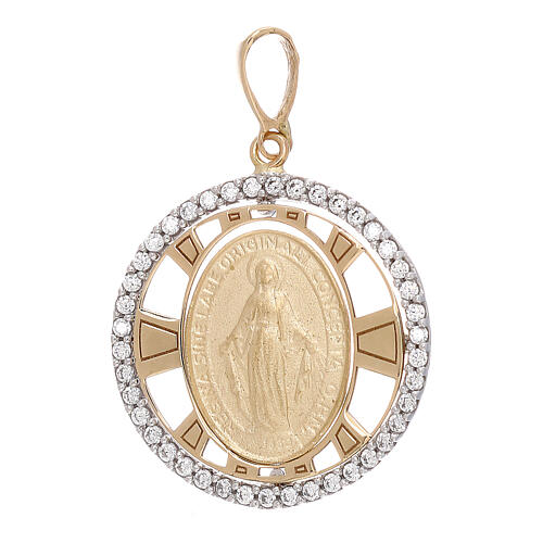 Round pendant Miraculous Medal 750/00 gold zircons 2.7 gr 1