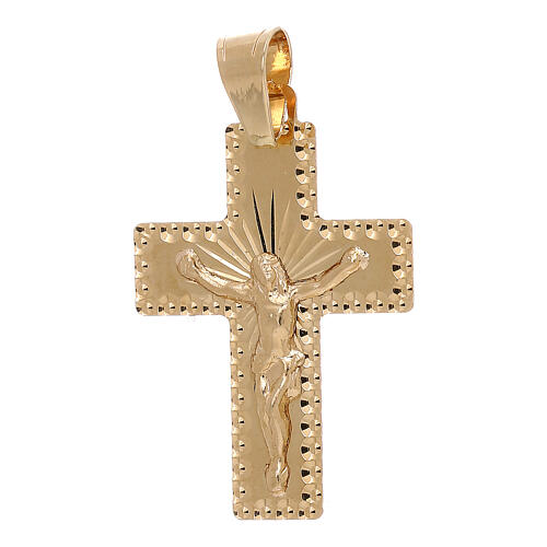 Square cross pendant with body of Christ and rays, 18-carat gold, 1 g 1