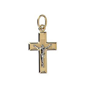 Colgante cruz lámina redondeada Cristo oro bicolor 18 k
