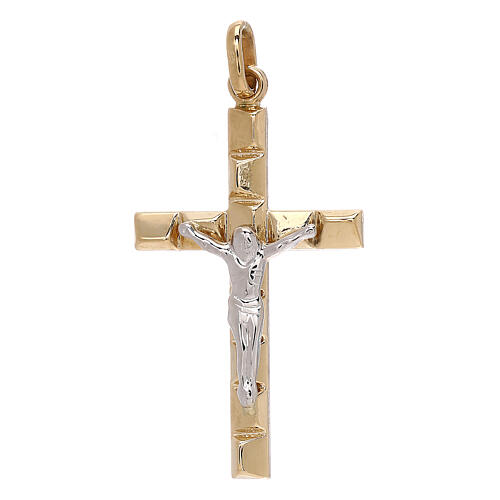 Pingente crucifixo segmentos relevo bicolores ouro 18K 1,3 gr 1