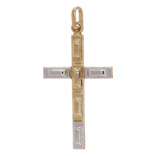 Pendente croce bicolore stampata oro 18 carati 1,1 gr 1