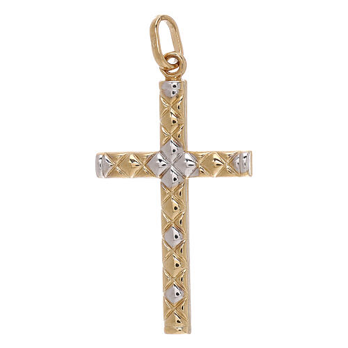 Two-tone 18K gold cross pendant with net 1.15 gr 1