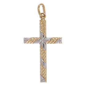 Two-tone 18 kt gold cross pendant with knurled bands 1.15 gr