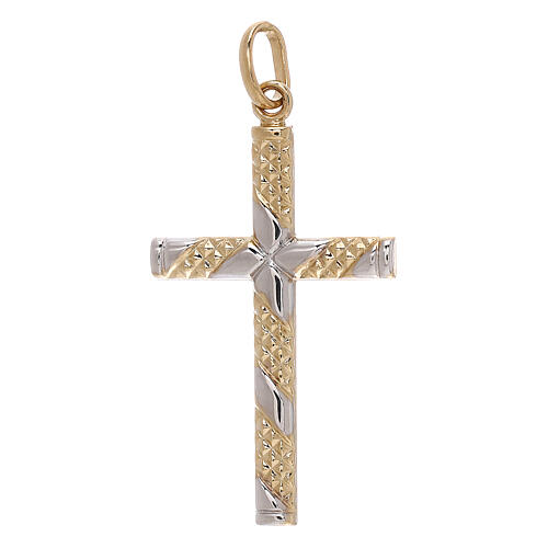 Two-tone 18 kt gold cross pendant with knurled bands 1.15 gr 1
