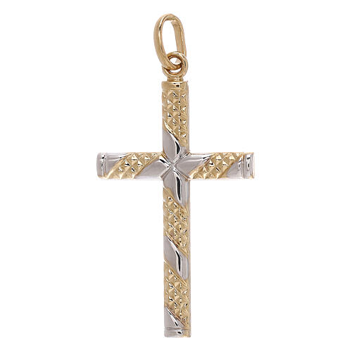 Zawieszka krzyż dwukolorowy, złoto 18 kt, paski karbowane, 1,15 g 1