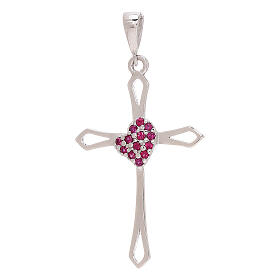 Cut-out cross with red strass heart, white 18K gold