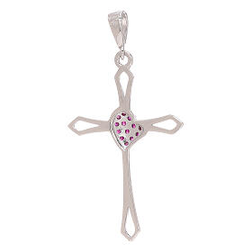 Cut-out cross with red strass heart, white 18K gold