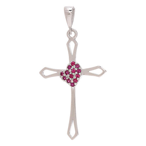 Cut-out cross with red strass heart, white 18K gold 1