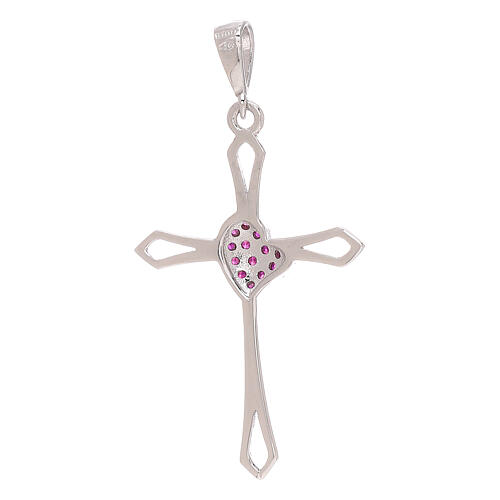 Cut-out cross with red strass heart, white 18K gold 2
