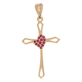 Cross pendant in 750/00 yellow gold with red strass and heart 1.2 gr