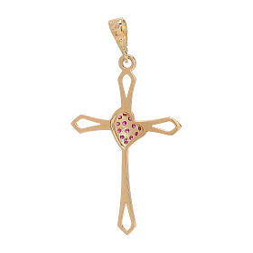Cross pendant in 750/00 yellow gold with red strass and heart 1.2 gr
