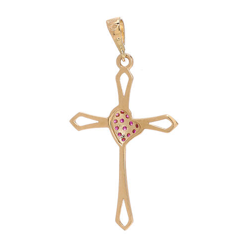 Cross pendant in 750/00 yellow gold with red strass and heart 1.2 gr 2