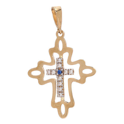 Two-tone cross pendant in 18K gold with strass and frame 1.35 gr 1