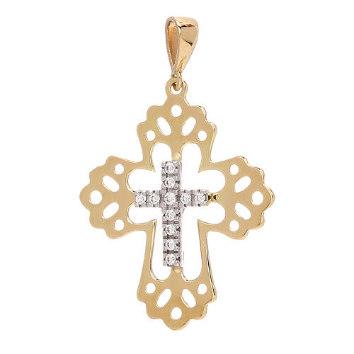 Cross pendant with white strass and perforated frame in 18 kt gold 1