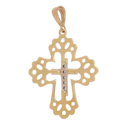 Cross pendant with white strass and perforated frame in 18 kt gold 2