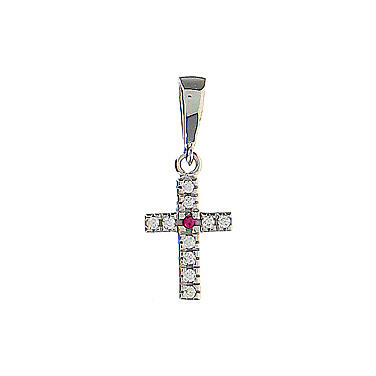 Squared cross with white and red strass, white 18K gold, 0.8 g 1