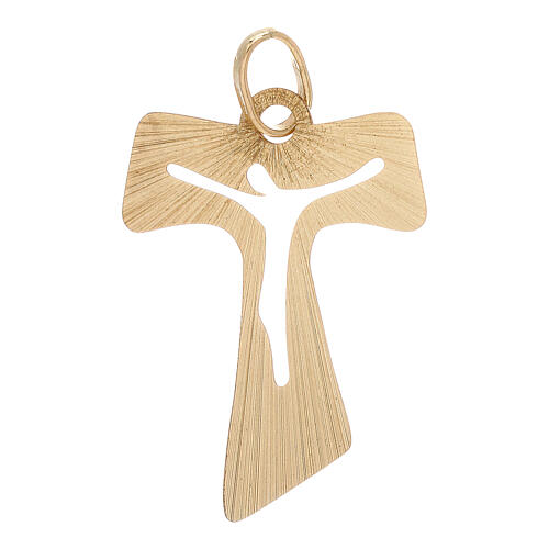 Tau pendant satin-finished yellow gold wood effect perforated body of Christ 1.2 gr 1