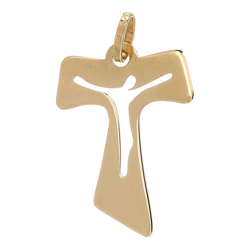 Tau pendant satin-finished yellow gold wood effect perforated body of Christ 1.2 gr 2