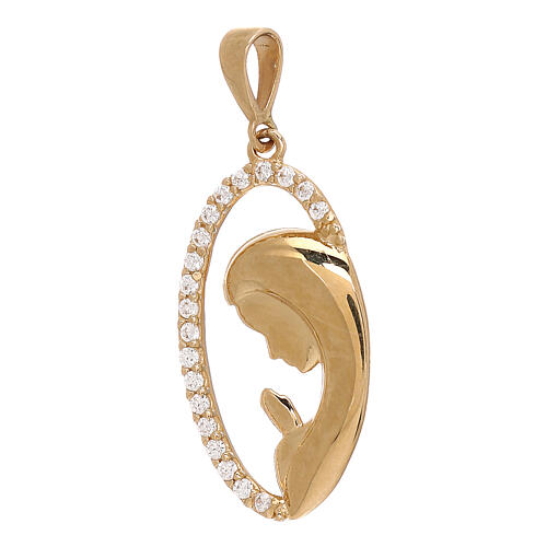 Oval pendant with Our Lady in profile, yellow gold and white strass, 1.65 g 1
