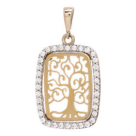 Pendente Albero della vita oro 18 kt bicolore strass rettangolare