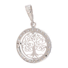 Pendentif rond Arbre Vie or blanc 18K strass 1,2 gr