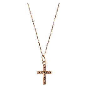 Necklace with cross pendant, pink 925 silver and black zircons