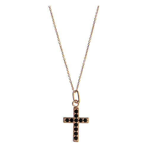 Necklace with cross pendant, pink 925 silver and black zircons 1
