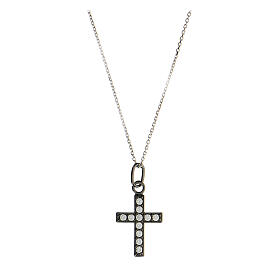 Necklace with cross pendant, burnished 925 silver and white zircons