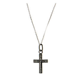 Necklace with cross pendant, burnished 925 silver and white zircons