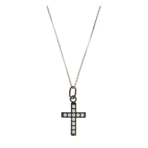 Necklace with cross pendant, burnished 925 silver and white zircons 1