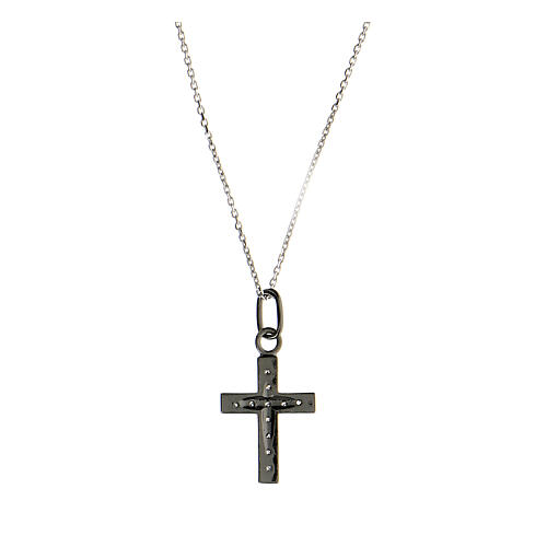 Necklace with cross pendant, burnished 925 silver and white zircons 2