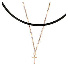Black leather choker with pink 925 silver cross