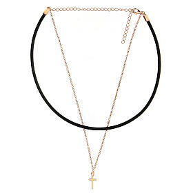 Girocollo croce argento 925 rosé cuoio nero