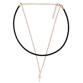 925 rosé silver black leather cross necklace