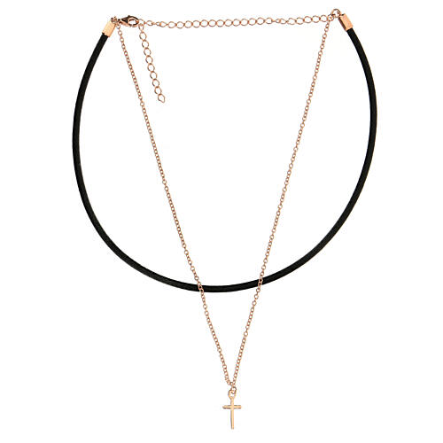 925 rosé silver black leather cross necklace 4