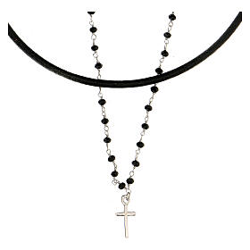 Halskette mit Kreuz aus 925er Silber mit schwarzen Perlen und Band aus Leder